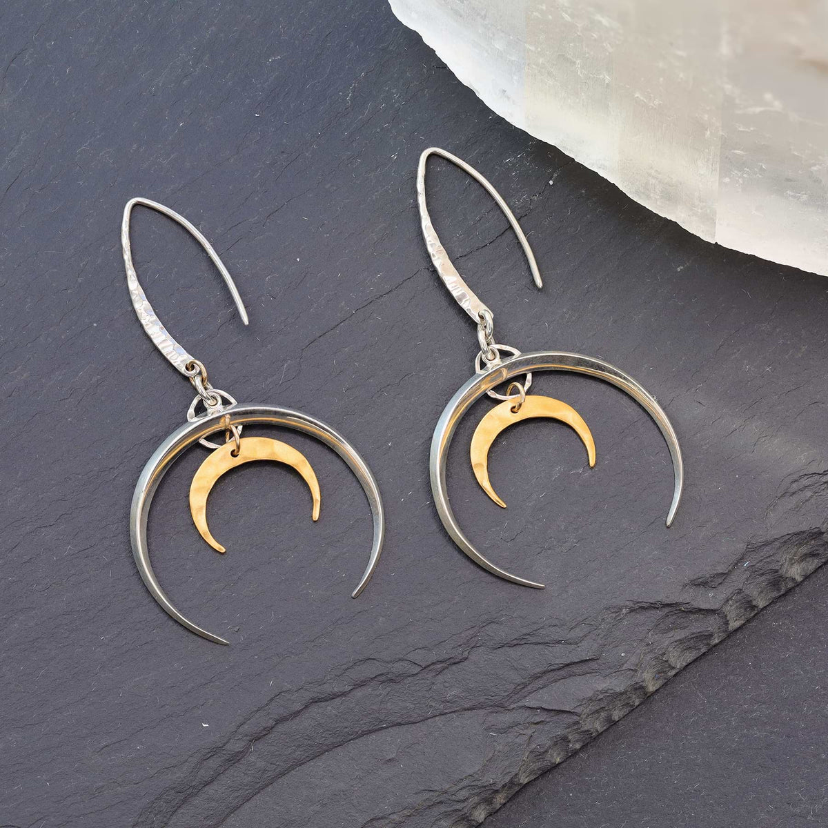 Silver Crescent Moon Dangly Earrings - made w/hypoallergenic titanium -  Grey Theory Mill