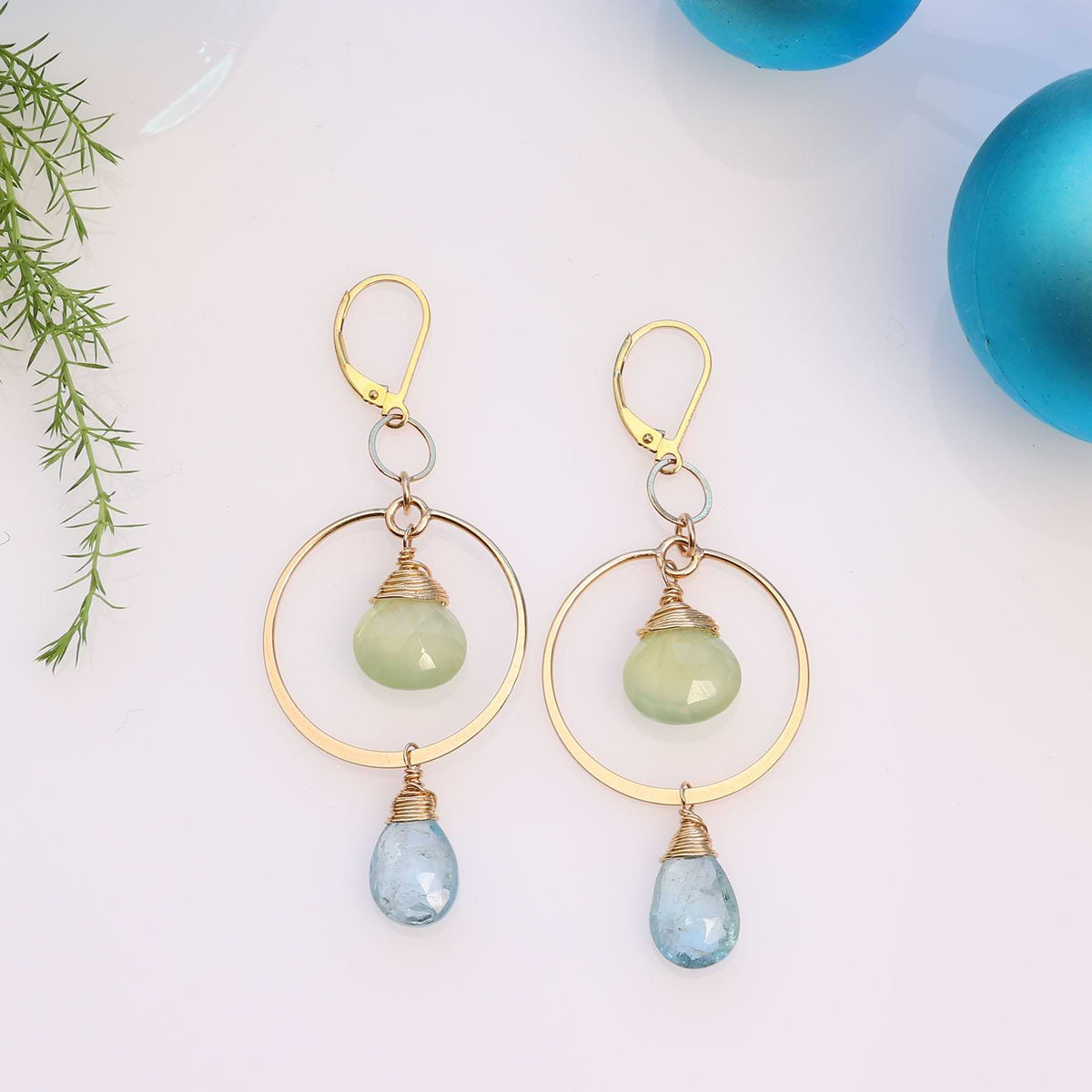 Sterling Silver Hoop and Faceted Cloudy Aquamarine Earring 