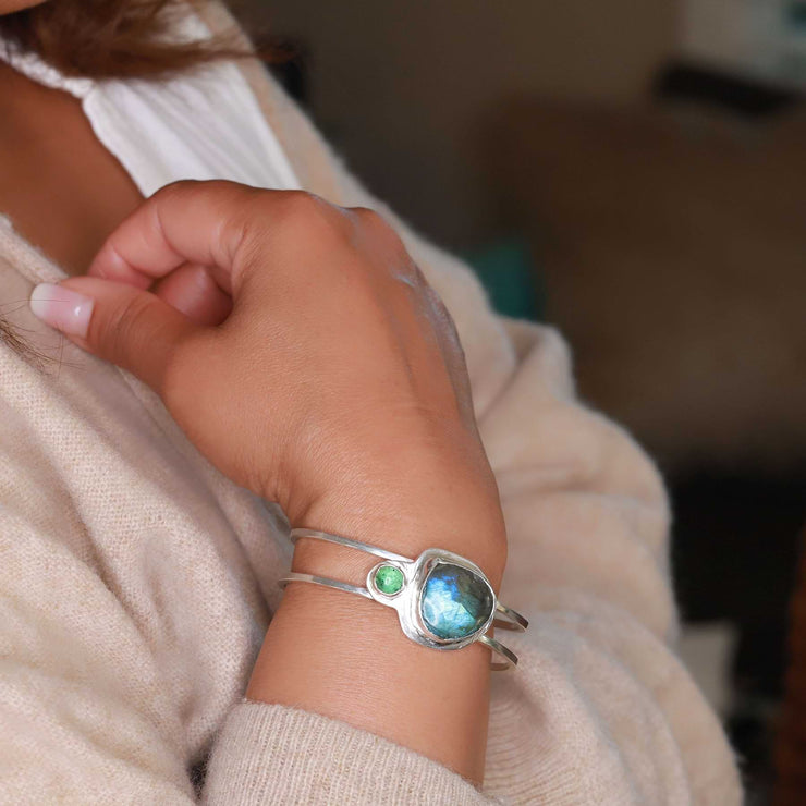 Labradorite & Tourmaline Silver Double Bangle Bracelet main image | Breathe Autumn Rain Jewelry