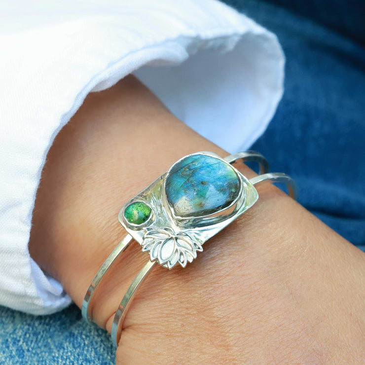 Labradorite & Tourmaline Silver Double Bangle Bracelet lifestyle alt image | Breathe Autumn Rain Jewelry