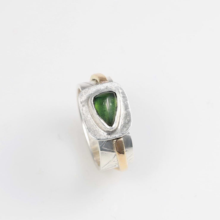 Raincloud - Green Tourmaline Silver and Gold Wide Band Ring