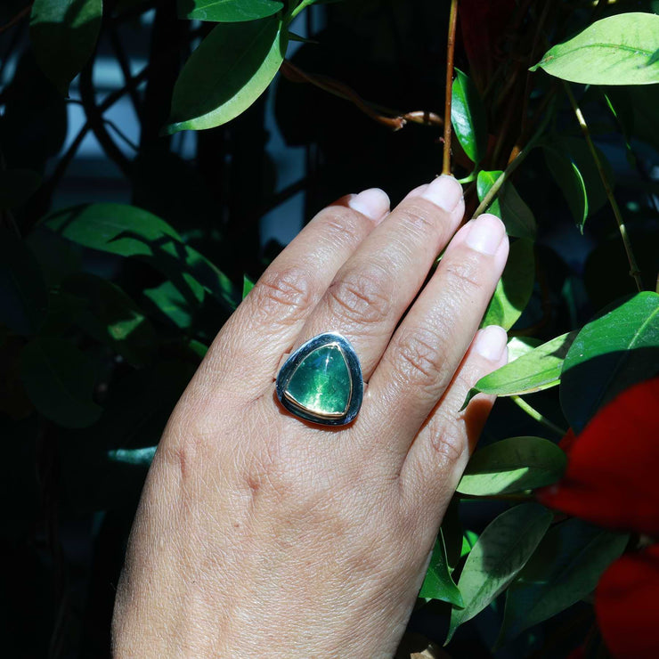 Rare Green Tourmaline Mixed Metal Statement Ring lifestyle image | Breathe Autumn Rain Jewelry