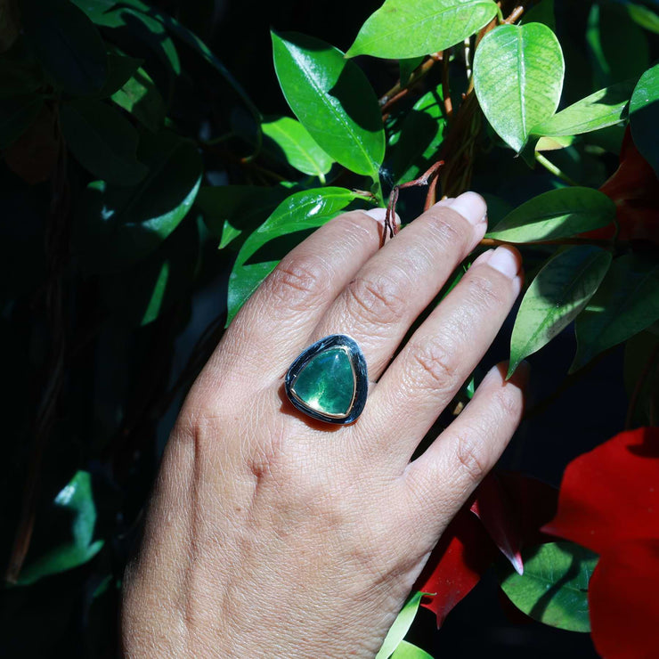 Rare Green Tourmaline Mixed Metal Statement Ring lifestyle image | Breathe Autumn Rain Jewelry