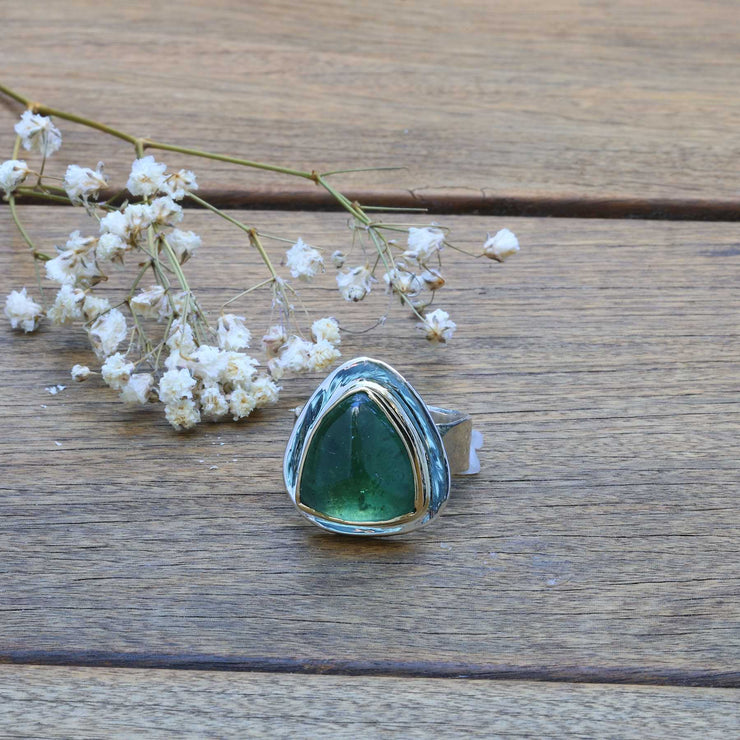 Rare Green Tourmaline Mixed Metal Statement Ring alt image | Breathe Autumn Rain Jewelry