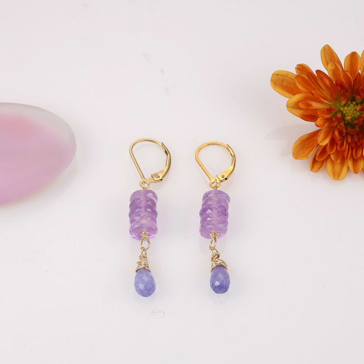 Violet -  Pink Amethyst and Tanzanite Gold Earrings main image | Breathe Autumn Rain Jewelry