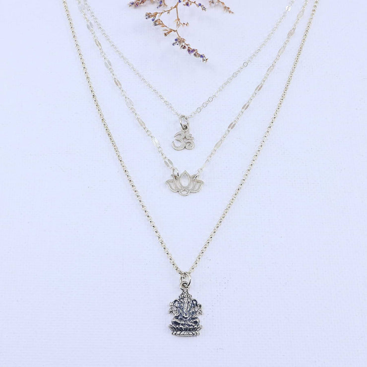 Awaken and Inspire - Ganesha Om Lotus Layered Silver Necklace main image | Breathe Autumn Rain Artisan Jewelry